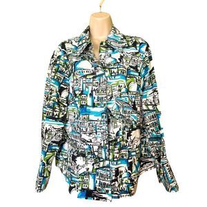 LANE BRYANT XL 14/16 WHITE Blue Green CITYSCAPE BUTTON DOWN SHIRT LONG SLEEVE